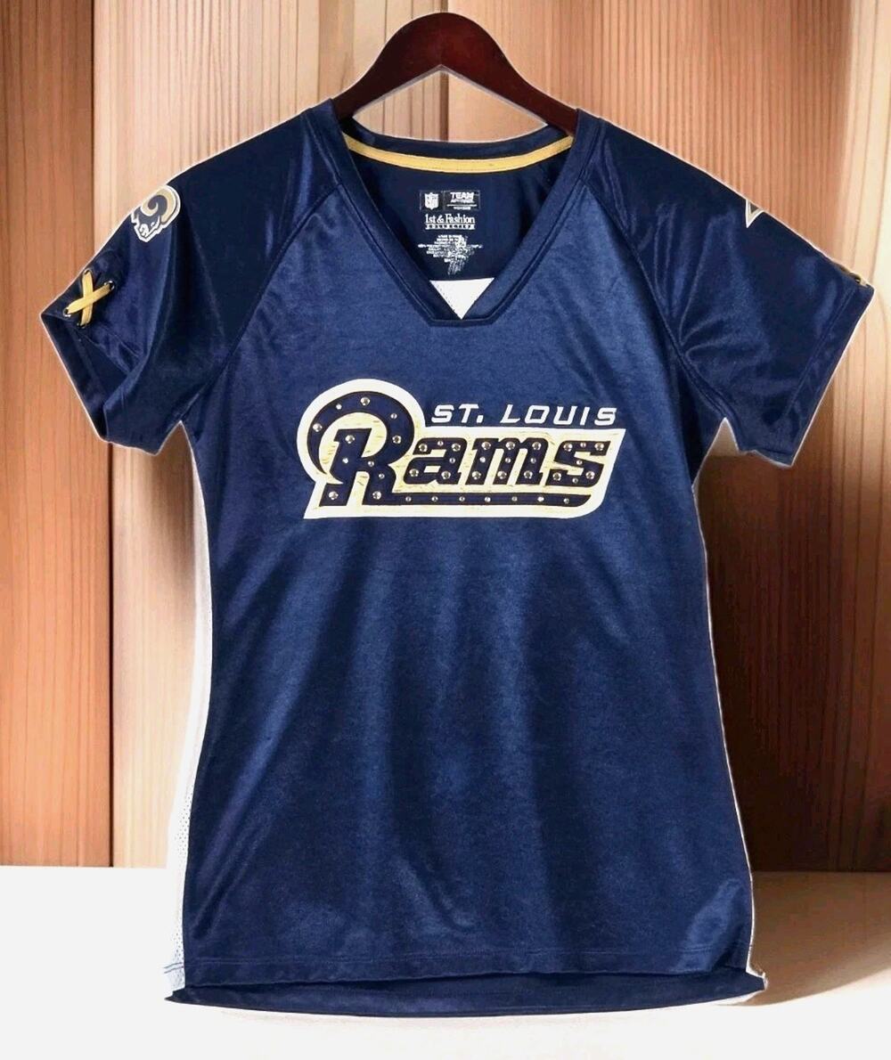 St. Louis Rams Football Women's Medium V-Neck Shirt Lace Up NFL 1st & Fashion